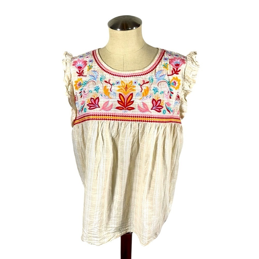 Savanna Jane Cream Embroidered Floral Sleeveless Blouse Size Large
